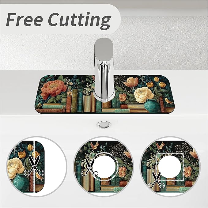 Kitchen Sink Splash Guard，Flowers and Books Faucet Mat Sink Gadgets-Super Absorbent Fast Drying Mat Drip Catcher for Kitchen, Bathroom,Sink Mat, Dish Drying Mat, Bathroom(15" X 5.5" )