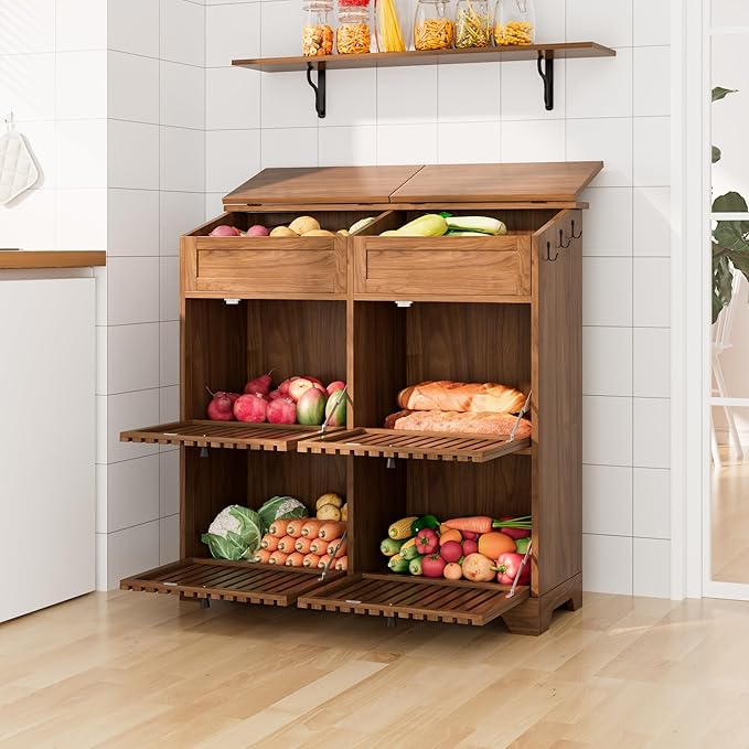 Potato and Onion Storage Bins Box, Mid Century Modern Tall Large Fruit and Vegetable Basket Storage, Walnut 4 Doors Kitchen Pantry Cabinet for Snack, Wooden Bread Storage, 3 Tier, Magnetic Flip-top