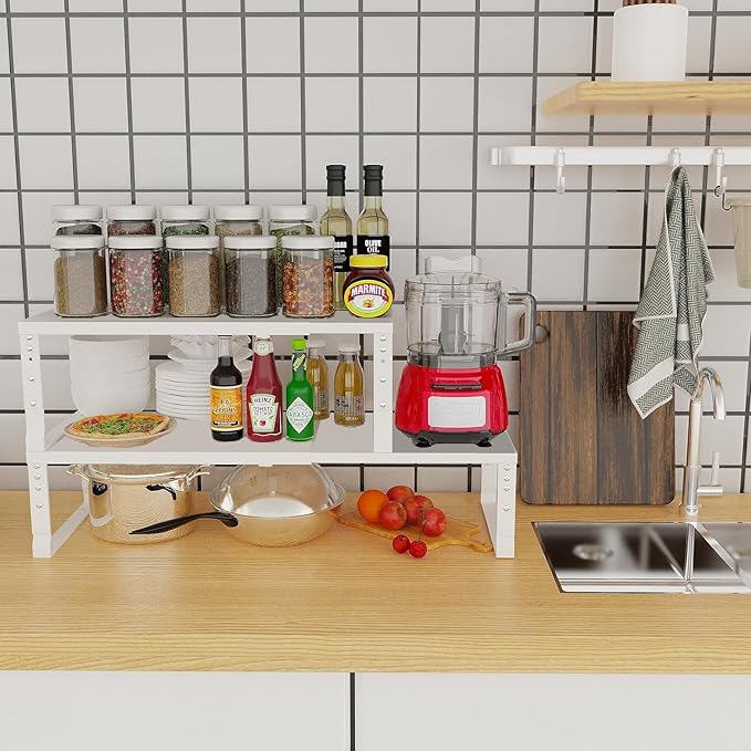 Jojocross Expandable Cabinet Shelf Organizer Storage Spice Rack Shelves for Kitchen Stackable Adjustable Pantry Cupboard Bathroom Countertop Desktop(2Packs/White/Medium)