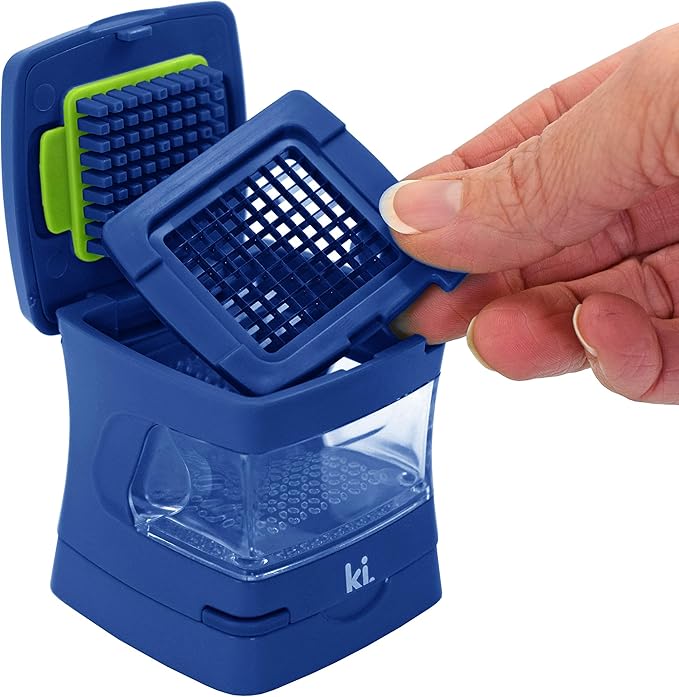 Kitchen Innovations Garlic-A-Peel Garlic Press, Crusher, Cutter, Mincer, and Storage Container - Includes Silicone Garlic Peeler - Easy to Clean - Stainless Steel Blades – (Blue), standard