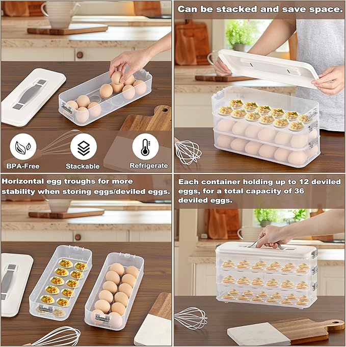 BSTKEY Deviled Egg Containers with Lid, 3 Layer Deviled Egg Platter Carrier Trays for 36 Eggs, Fridge Stackable Portable Egg Holder with Handle for Home Kitchen Party Easter Picnic