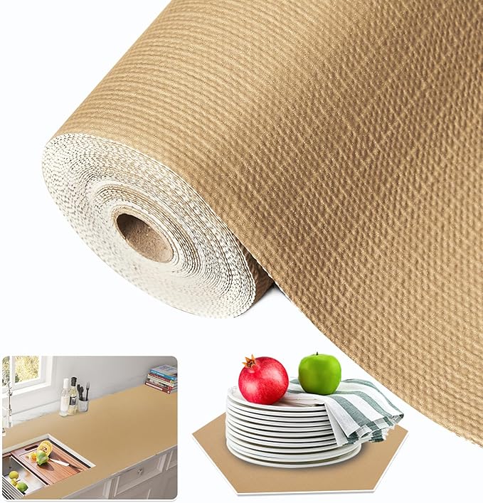 Beautysaid Shelf and Drawer Liner for Kitchen Cabinet, Non Adhesive Non Slip Shelf Paper Waterproof Washable Thickened for Dresser Pantry Shelve Bathroom Protector Liner(Beige,18 in x 10 FT)