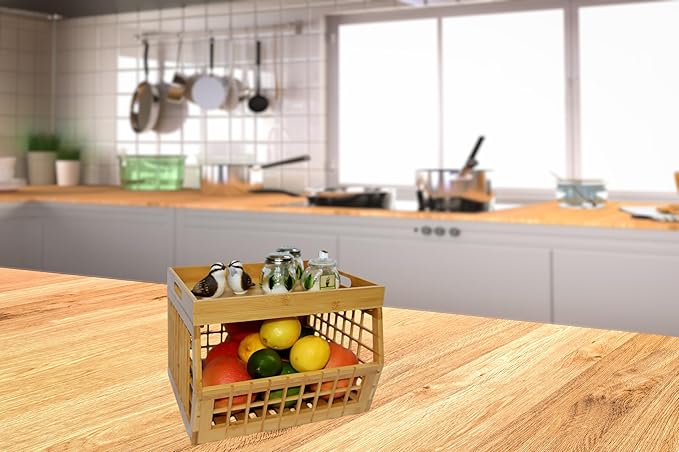 Bamboo Storage Bin - Multipurpose, Stackable Open Front Storage Bin with Bamboo Serving Tray Lid for Kitchen & Pantry - Stylish Lattice Design