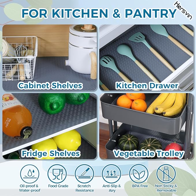 Hersvin Shelf Liners 24 in x 20 ft EVA Drawer Mats, Non-Adhesive Cupboard Pad, Kitchen Cabinet Lining Fridge Cushion (Gray Crossed Stripe, 61x610cm)