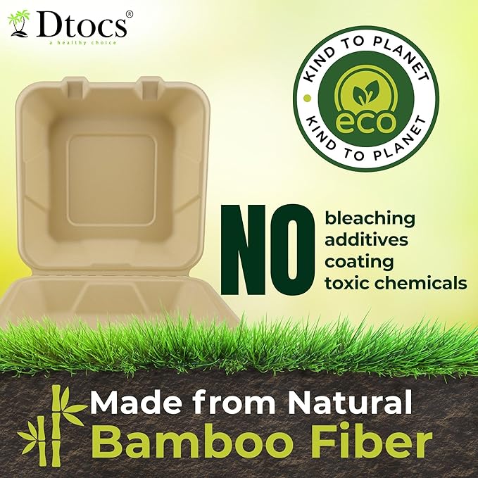 Dtocs Compostable Clamshell To Go Food Containers 8x8-70 Pc | Bamboo Fiber Heavy-Duty Disposable Microwavable Carry Out Container | Biodegradable Take Out Containers with Lids For Home, Chefs