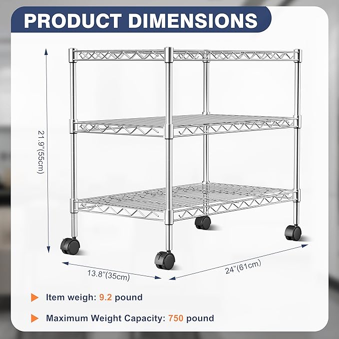 750lbs 3-Tier Wire Shelf Rack,24" Dx14 Wx22 H,Kitchen Metal 3-Shelves Rack with Lockable Wheels,Height Adjustable Wire Shelving Unit and Storage for Living Room,Laundry,Office,Pantry,Studio