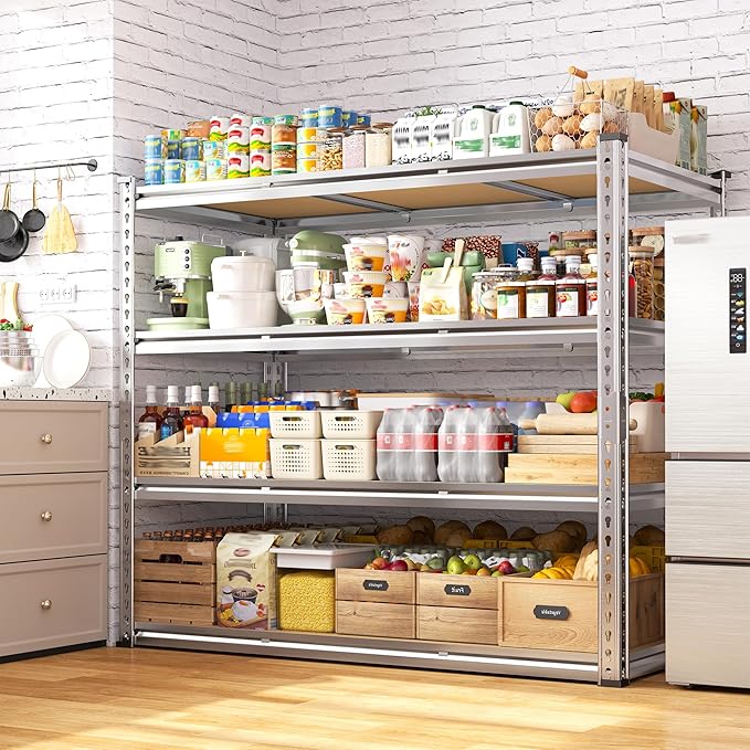 Galvanized Garage Shelving Load 2600LBS, 4-Tier Storage Shelves, Adjustable Garage Storage Shelves, Industrial Shelving, Metal Shelf for Basement, Warehouse, Kitchen, 48" W x 60 "H x 24.1" D