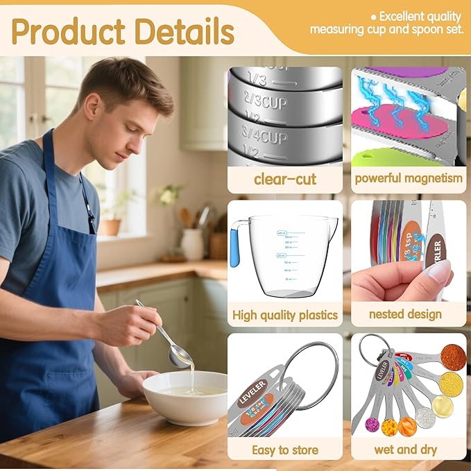 Minteem Magnetic Measuring Cups and Spoons Set, 5 Stainless Steel Measuring Cups, 7 Magnetic Measuring Spoons & 1 Leveler, 3 Plastic Measuring Cup with 1 Measuring Conversion Chart