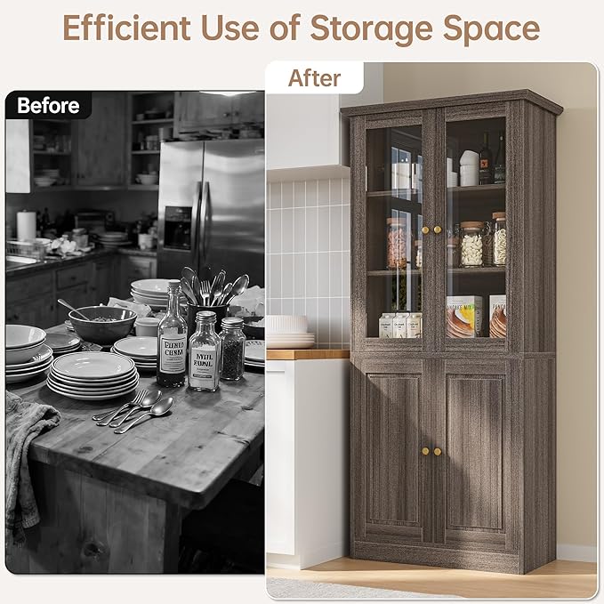 LotaTools 71" Kitchen Pantry Cabinet with Glass Doors, Modern Coffee Bar Storage Cabinet with Adjustable Shelves & Wooden Doors, Freestanding Cupboard for Dining Room or Living Room, Vintage Brown