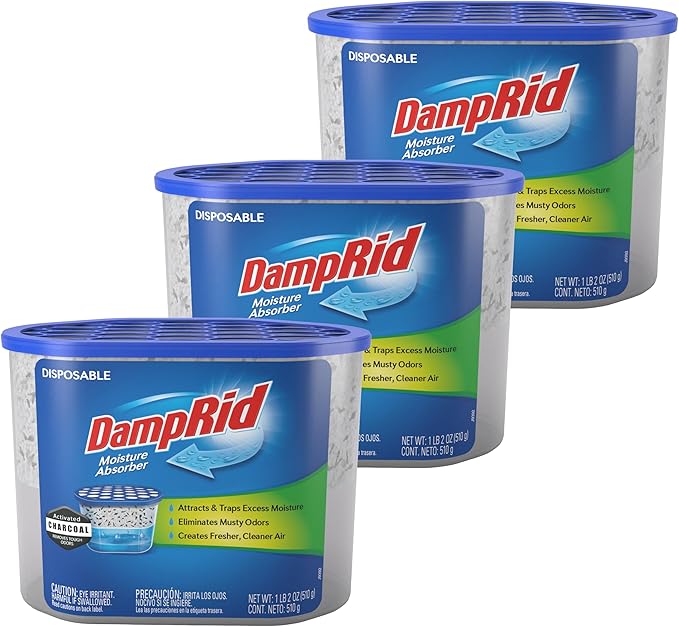 DampRid Fragrance Free Disposable Moisture Absorber with Activated Charcoal, 18 oz (Pack of 3) Moisture Absorber & Odor Remover, Lasts Up To 60 Days, No Electricity Required