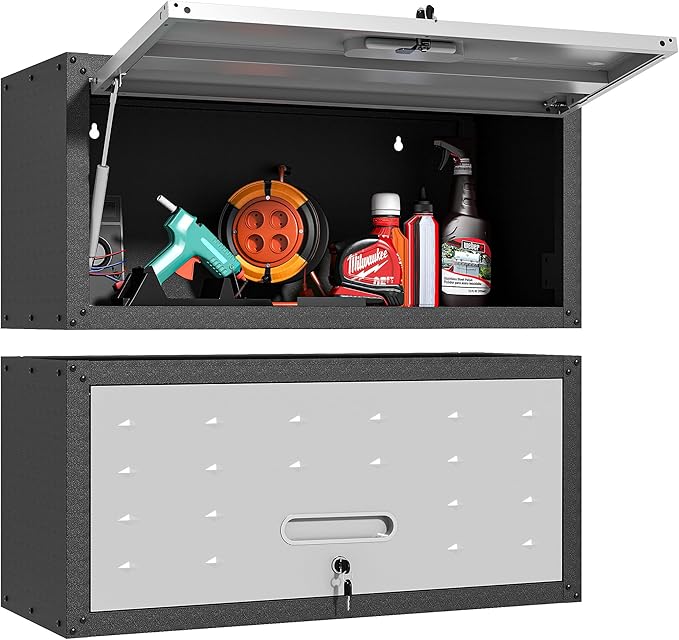 BIZOEIRON Garage Wall Cabinet with Flip-Up Door, Lockable Metal Storage Cabinet Wall Mounted, Hanging Tool Cabinet for Garage Basement Utility Room (Black &Grey)