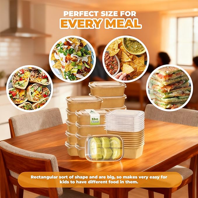 Kaderron 50 Pack 29 OZ Large Paper Bowls with Lids【with Spoons and Forks】, Heavy Duty Disposable Meal Prep Containers for Party, Disposable Bowls Bulk Soak-Proof and Microwave Safe for Hot/Cold Use