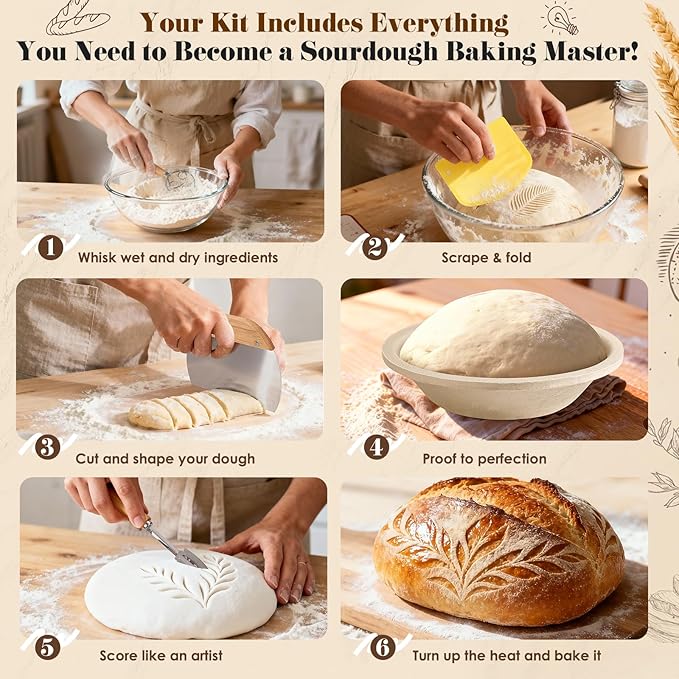 Deluxe Sourdough Starter Kit with Wood Pulp 9" Round & 10" Oval Bannetons & Personalized 34 oz Sourdough Starter Jar Air Flow Lid, Bread Sling Scrapers & Bag Complete Sourdough Bread Baking Supplies
