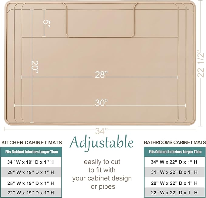 The Original Under Sink Mat - Silicone Waterproof mat, Adjustable, Easy to Clean, Kitchen Cabinet Liner, Disinfection Surface - 34" x 22" or Smaller - Beige