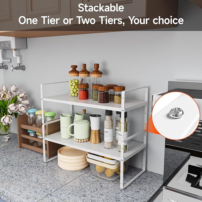 DPZM 16.5-27’’L Expandable Stackable Cabinet Shelves, Adjustable Spice Rack Cabinet Shelf Organizer for Kitchen, Countertop, Pantry and Cupboard, White