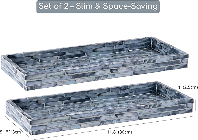 PEMAR Blue Mother of Pearl Tray Set of 2 – Handcrafted Decorative Vanity & Countertop Organizer for Bathroom, Entryway, Coffee Table – Elegant Home Decor Accent, 11.8" Lx5.1 Wx1 H
