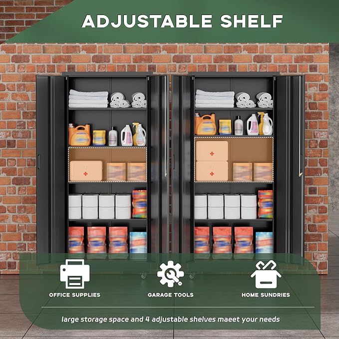 Greenvelly 73" Rolling Storage Cabinet,Black Metal Garage Cabinet with Locking Doors and 4 Adjustable Shelves for Home,Kitchen,Office,Warehouse(32" W x 16" D,Wheels)