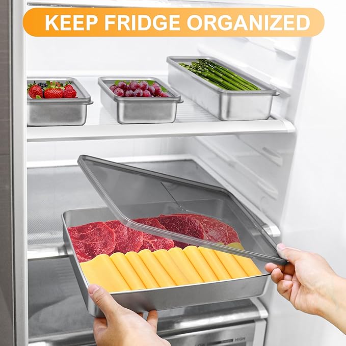 Bacon Container for Refrigerator, Bacon holder for refrigerator,Bacon Storage Container 304 Stainless Steel Sealed Food Storage Container with Clear Lid and Non-Slip Bottom,Deli Containers,4-Box Set