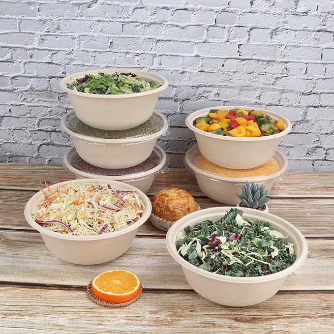 JAYEEY 40 oz Disposable salad bowls with lids,Sugarcane Paper Bowls take away food containers Plant Fibers Freezer Safe 25 Pack