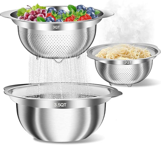 Stainless Steel Colanders with Mixing Bowl - 3.0QT & 2.0QT Strainer and Colander with Handle, 3.5QT Nesting Kitchen Bowl with Colander For Pasta, Vegetables, Fruit, Rice