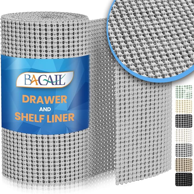 BAGAIL Drawer and Shelf Liner, 17.5 in X 20 Ft Non-Adhesive Shelf Liners for Kitchen Cabinets, Thick Strong Grip Liners for Desk, Shelves, Bathroom Drawers, Cabinet Protection - LightGrey