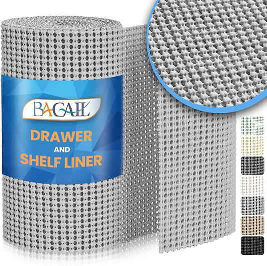 BAGAIL Drawer and Shelf Liner, 12 in X 10 Ft Non-Adhesive Shelf Liners for Kitchen Cabinets, Thick Strong Grip Liners for Desk, Shelves, Bathroom Drawers, Cabinet Protection - LightGrey