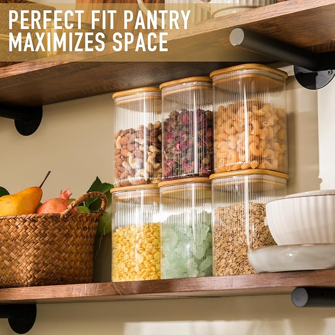 37oz Airtight Glass Square Storage Canisters with Bamboo Lids Set of 6 (1100ml) Striped Stackable Containers, Decorative Kitchen Jars for Tea, Nuts and Coffee (‎with Black Lable)