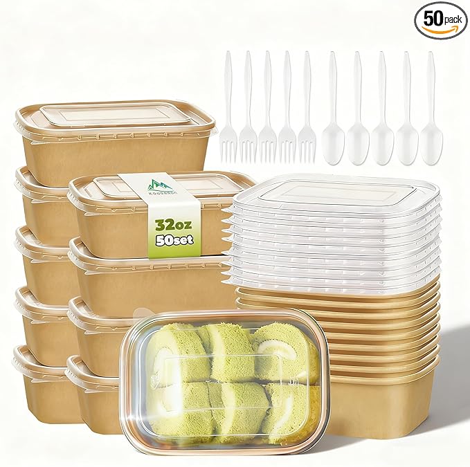Kaderron 50 Pack 32 OZ Large Paper Bowls with Lids【with Spoons and Forks】, Heavy Duty Disposable Meal Prep Containers for Party, Disposable Bowls Bulk Soak-Proof and Microwave Safe for Hot/Cold Use