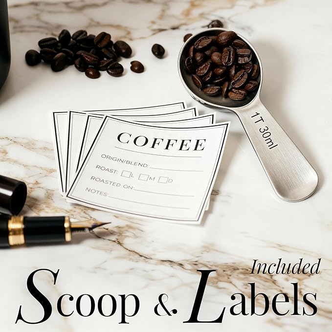 STYLED SETTINGS Vacuum Seal Coffee Bean Container Set – 2-Piece Stainless Steel Coffee Canisters with Scoop and Labels, Matte Black Dual-Lid Airtight Design, 1.5 lb Capacity Each - Coffee Gift Ideas