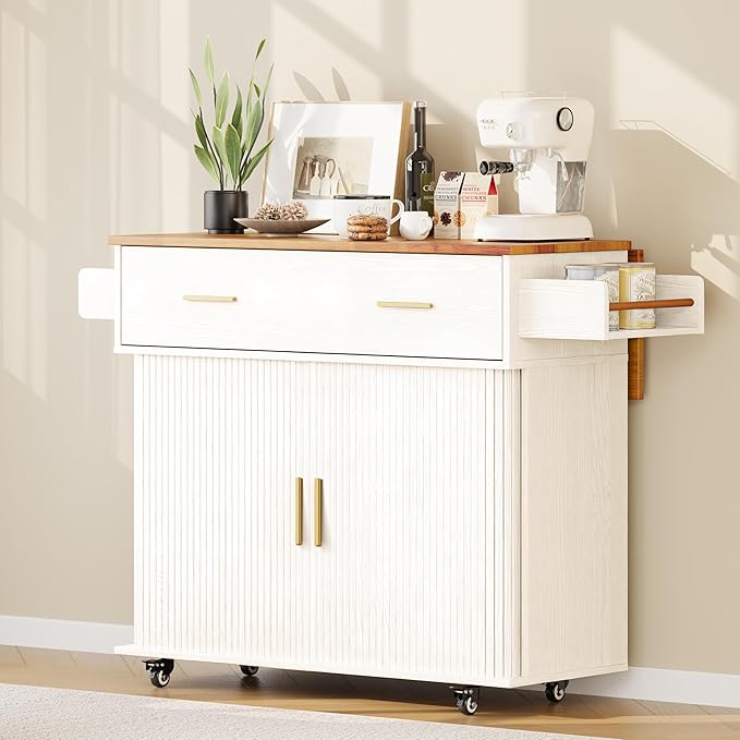 DHH Rolling Kitchen Island with Drop Leaf Countertop&Ample Storage - 39.4" Small Mobile Kitchen Cart On Wheels with Sliding Door,Drawers,Spice Rack & 2-Tier Storage (White)