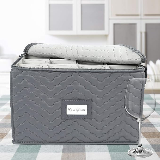 LotFancy Stemware Storage Container - Deluxe Quilted Storage Case with Dividers for 12 - Wine Glasses, Champagne Flutes, Glassware, Drinkware Storage Box Chest, 15.5"x12.5"x 10", Gray