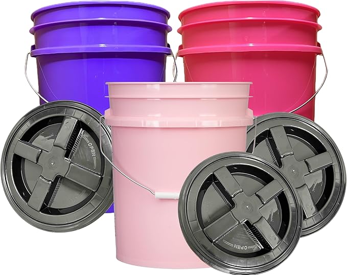 House Naturals 5 Gallon Food Grade, BPA Free, Made in USA, Plastic Bucket, 3 Colors, (Pack of 3) (5G-Pink-Magenta-Purple HN Black lids)