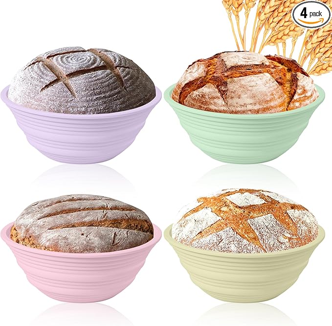 Ycgcp 4Pcs Silicone Banneton Bread Proofing Baskets, 9" Collapsible Sourdough Bread Baking Supplies Non-Stick Round Dough Proofing Bowl Containers Oven Safe for Various Tastes Bread Making-BPA Free