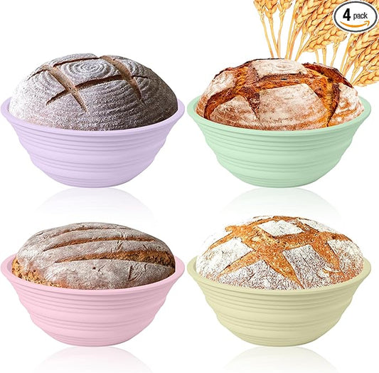 Ycgcp 4Pcs Silicone Banneton Bread Proofing Baskets, 9" Collapsible Sourdough Bread Baking Supplies Non-Stick Round Dough Proofing Bowl Containers Oven Safe for Various Tastes Bread Making-BPA Free