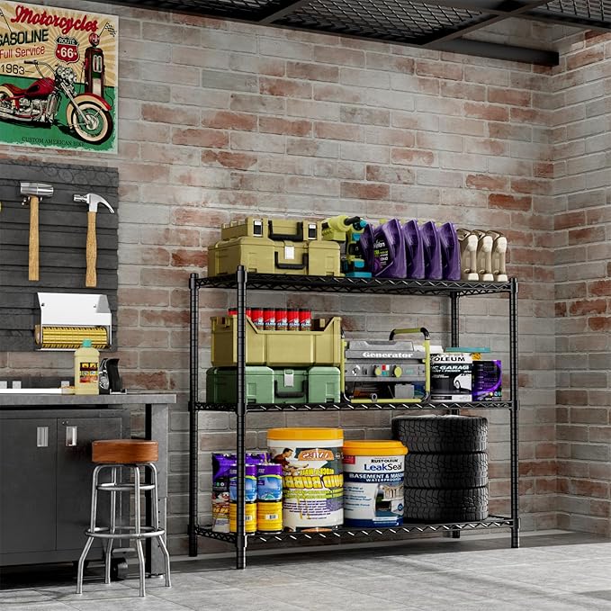 Storage Shelves Heavy Duty, 48" W x 20" D x 47" H Garage Wire Shelving Unit Loads 1200LBS, 3-Tier Adjustable Metal Industrial Utility Shelf Rack for Kitchen, Laundry Room, Pantry, Warehouse, Basement