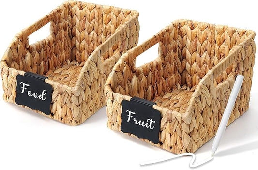 Wicker Baskets for Organizing,Pantry Baskets with Built-in Handles, Handwoven Wicker Storage Basket, Water Hyacinth Storage Bins for Shelves, 3 Pack, Small Natural 2 Set