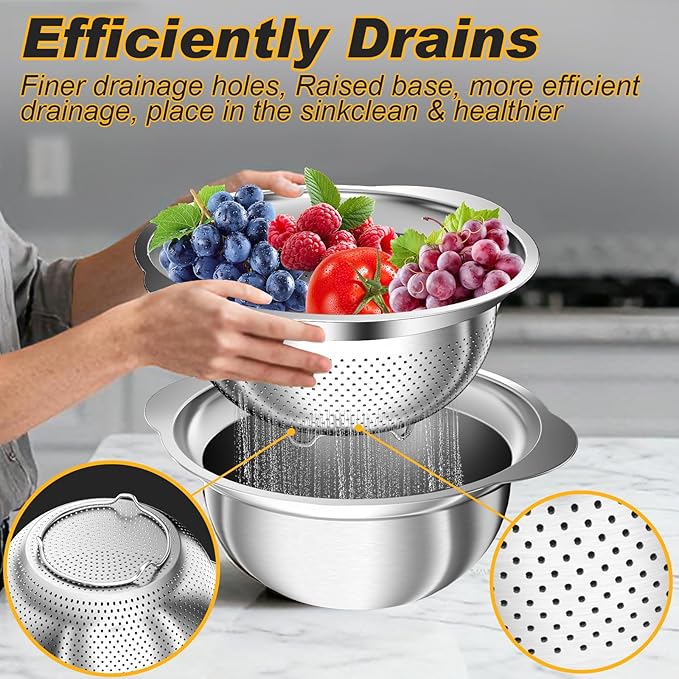 Colander, Stainless Steel Colander with Mixing Bowls (3.5QT), 3Pcs Strainer for Kitchen Gadget Food Strainer Basket with Handle, Colanders Bowl for Pasta Noodles Spaghetti Vegetables Fruit (3.5+3+2QT)