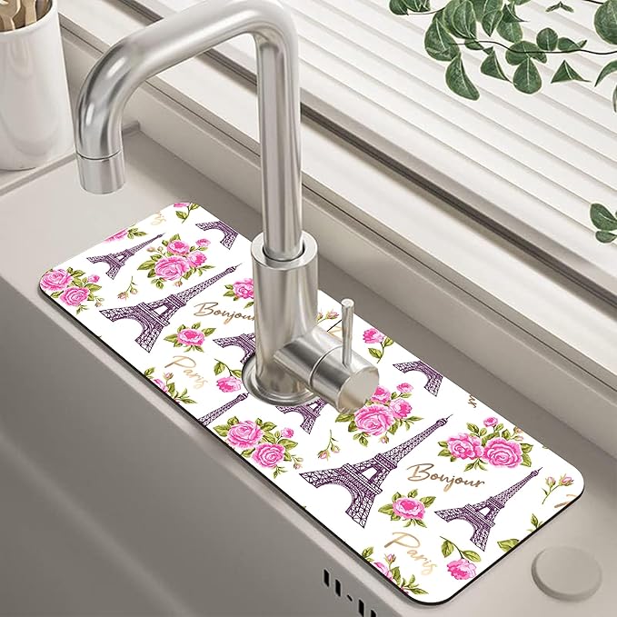 Romantic Eiffel Tower Roses Kitchen Sink Splash Guard Mat Absorbent Fast Drying Mat Faucet Draining Mat Sink Splash Guard Behind Faucet Drip Catcher for Kitchen Bathroom 5.5"×15"