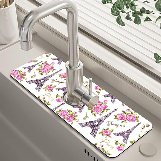 Romantic Eiffel Tower Roses Kitchen Sink Splash Guard Mat Absorbent Fast Drying Mat Faucet Draining Mat Sink Splash Guard Behind Faucet Drip Catcher for Kitchen Bathroom 5.5"×15"