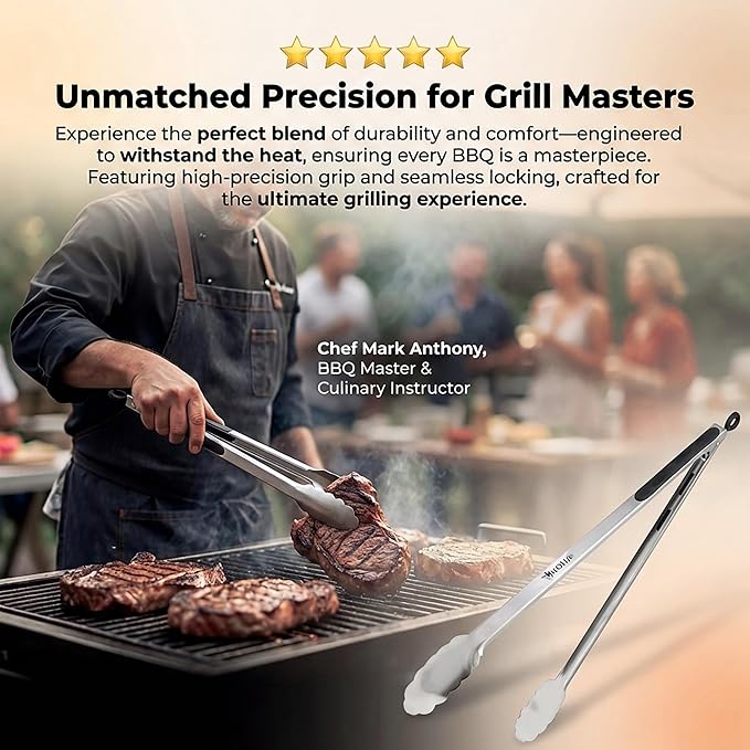 Kona Premium Stainless-Steel Locking Grill Tongs [Set of 2] 18 inch, Sturdy, Heavy Duty Tongs - Great for Cooking, Grilling, and Barbecue (BBQ)