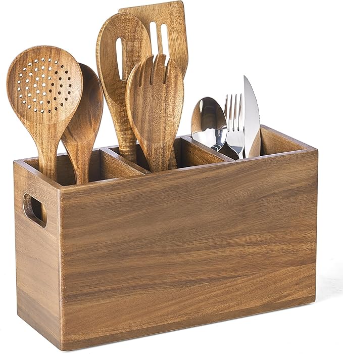 ONEARF Wooden Utensil Holder Counter, Kitchen Utensil Organizer Large 3 Compartment Cooking Utensils Holder, Acacia Rustic Wood Farmhouse Storage Container Crocks for Silverware and Cooker Set