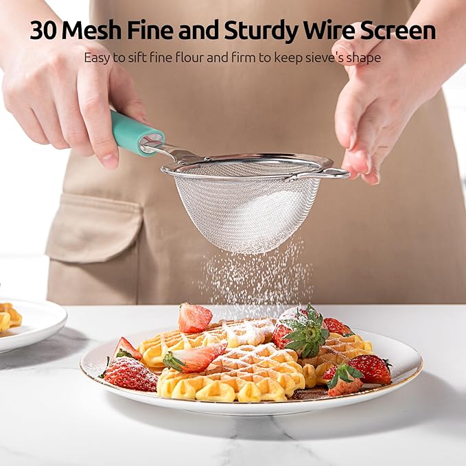 U-Taste Fine Mesh Food Strainer: 18/8 Stainless Steel 30 Mesh Kitchen Sieve with Sturdy Riveted Silicone Handle, Heavy Duty Deep Handheld Metal Colander (Small/3.35in+Medium/4.73, Aqua Sky)
