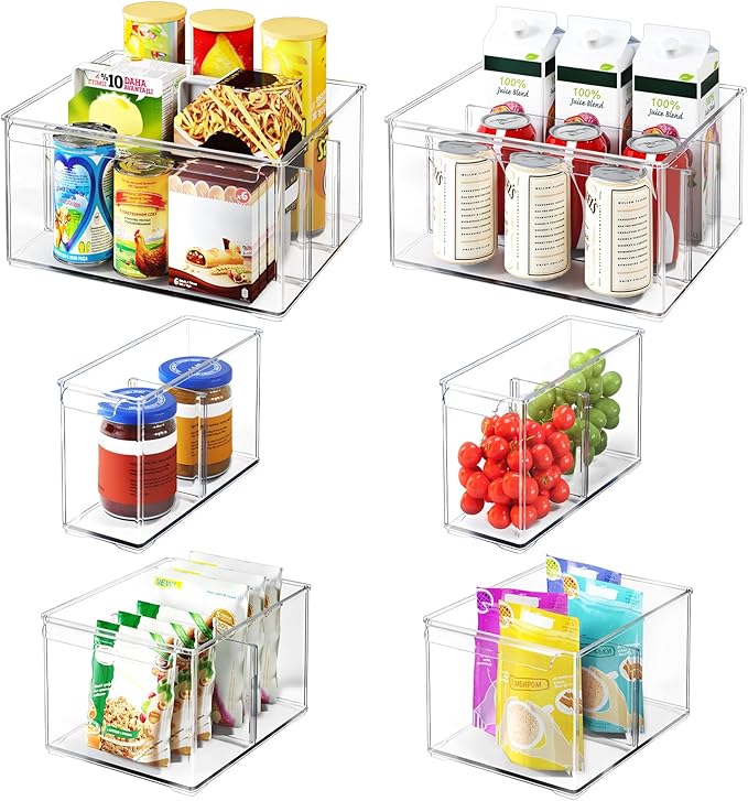 Clear Plastic Storage Bins with Dividers for Kitchen Pantry Organization, 6 Pack Large Thicken Stackable Storage Container Boxes for Refrigerator Cabinets Vanity Organizers and Storage, C6-4