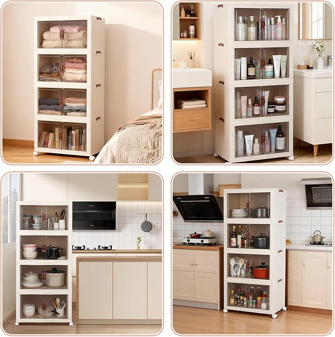 FAHKNS 120Gal/480Qt Stackable Storage Bins, Collapsible Storage Bins with Lid, Extra Large Closet Organizers and Storage with Transparent Door, Suitable for Home Bedroom or Kitchen, White