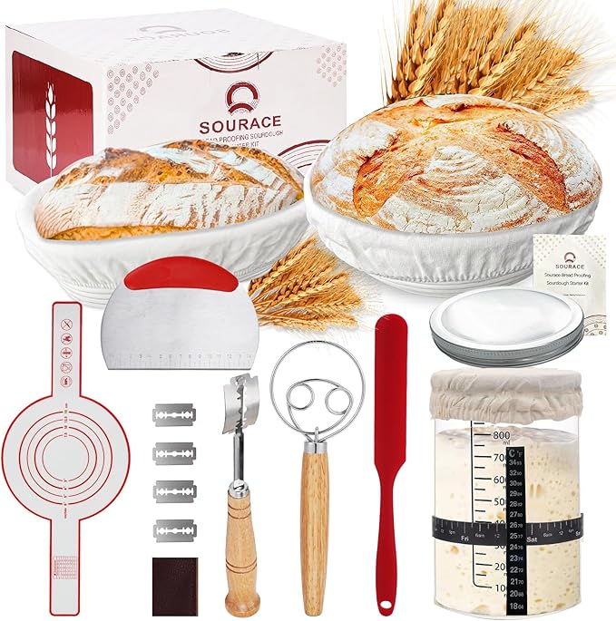 SOURACE Complete Sourdough Starter Kit,10 Inch Round & 9 Inch Oval Banneton Sourdough Bread Baking Supplies With Sourdough Starter Jar, Sour dough Starter Kits for Women, Men, and Bread Bakers