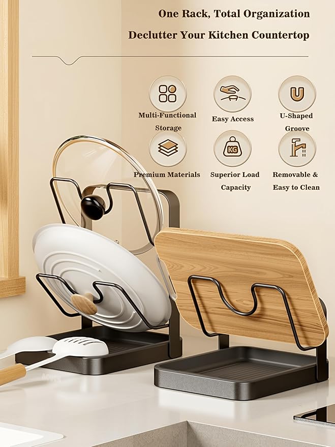 amader Pot Lid Holder & Spoon Rest, 2026 Upgraded Multifunctional Kitchen Organizer Rack with Removable Drip Tray, Space-Saving Countertop Stove Top Storage for Pots Pans (Gray-01)