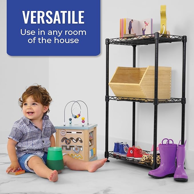 SafeRacks - NSF Certified Storage Shelves, Zinc, Heavy Duty Steel Wire Unit with Adjustable Feet, Garage or Bakers Rack, Kitchen, Pantry Shelf - (18"x10"x30" 3-Tier) (Black)