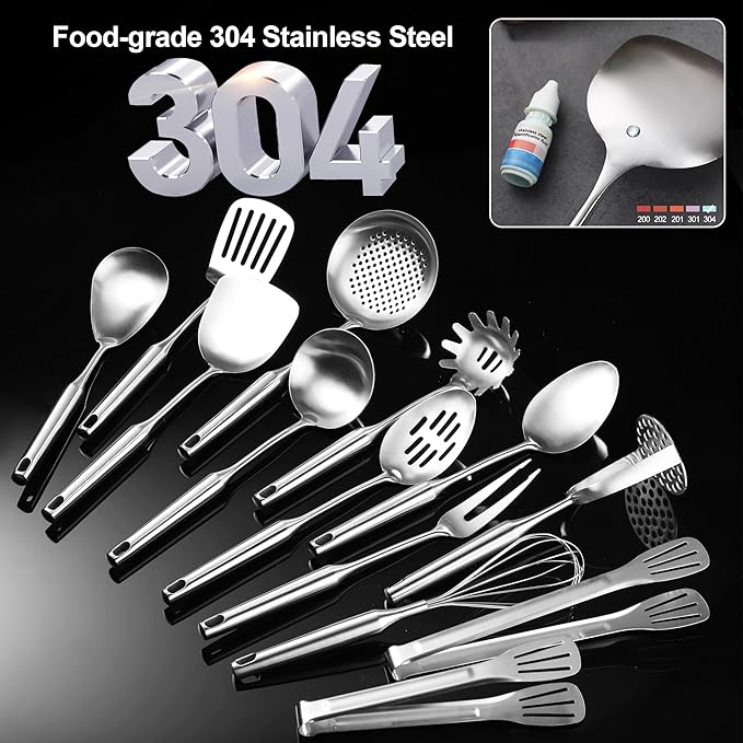 NIITAWH Stainless Steel Kitchen Utensils 13 PCS Metal Set, Solid and Slotted Spoon, Fork, Spatula, Ladle, Skimmer, Slotted Spatula Tunner, Spaghetti Large Spoon, Meat Fork, Masher, Whisk, Tongs