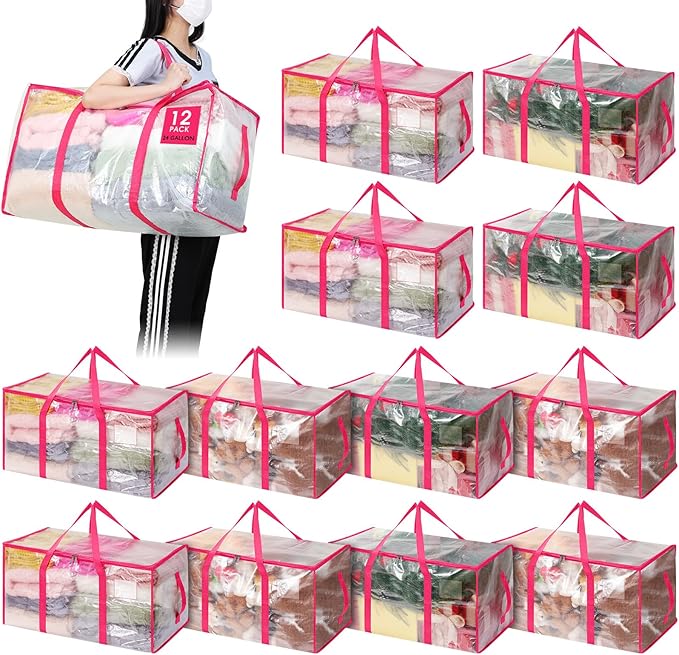 Aliceset 12-Pack Clear Moving Bags 90.84L Heavy Duty Extra Large Storage Totes with Reinforced Handles & Zippers, for Moving, College Dorm, Traveling(Pink)