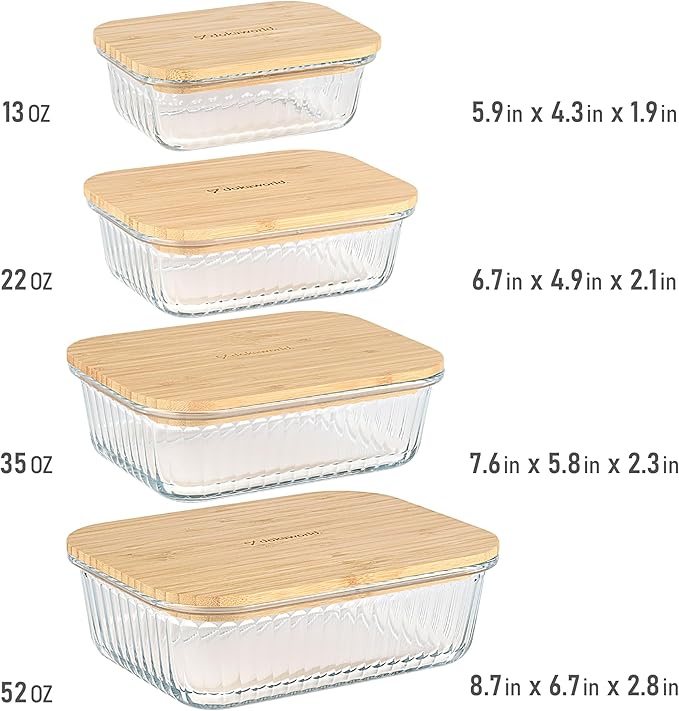 dokaworld Ribbed Glass Tupperware Set with Bamboo Lids - 4 Stackable Meal Prep Containers. Durable heat resistant Inert Borosilicate Glass